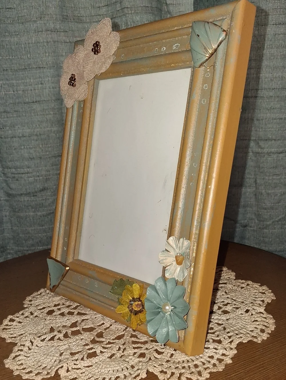 Decorative Gold Picture Frame with Blue and Cream Floral Accents